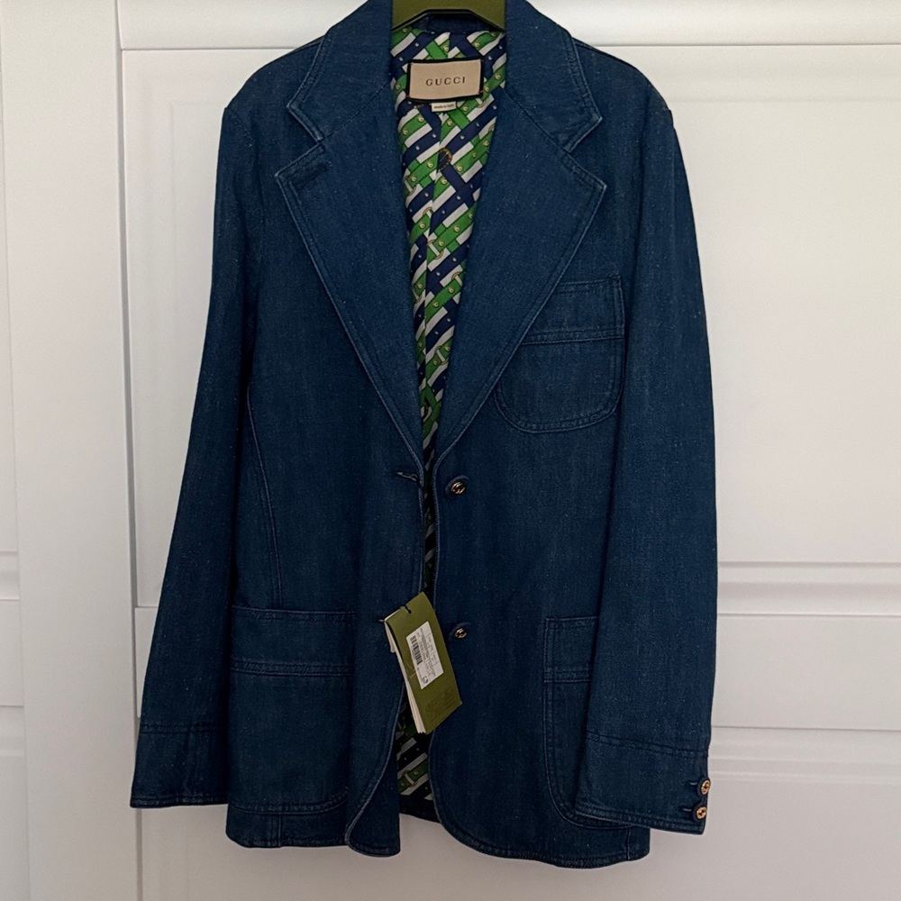 Gucci Women’s Indigo Denim Lapel Jacket with Patterned Lining